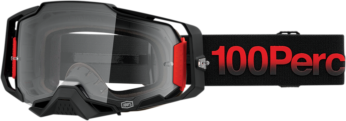 Bill's Exhausts 100% Armega Tzar goggles with clear lenses, lightweight design, and secure fit for motocross and off-road riding.