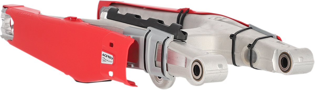 Red Acerbis Swing Arm Guard for motorcycle body protection, designed to fit various models for durable off-road riding.