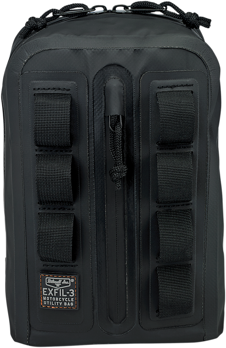 Bill's Exhausts Biltwell Handlebar Bag 3008-01 mounted on motorcycle handlebars with zipper closure and compact storage design.