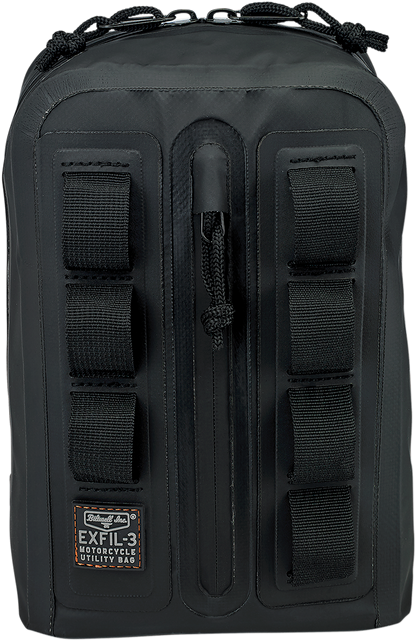 Bill's Exhausts Biltwell Handlebar Bag 3008-01 mounted on motorcycle handlebars with zipper closure and compact storage design.