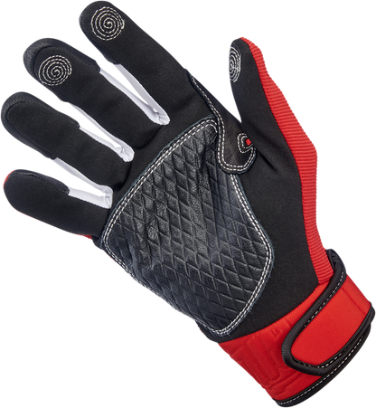 Biltwell Baja motorcycle gloves in red, XL size, featuring durable leather construction and protective knuckle padding.