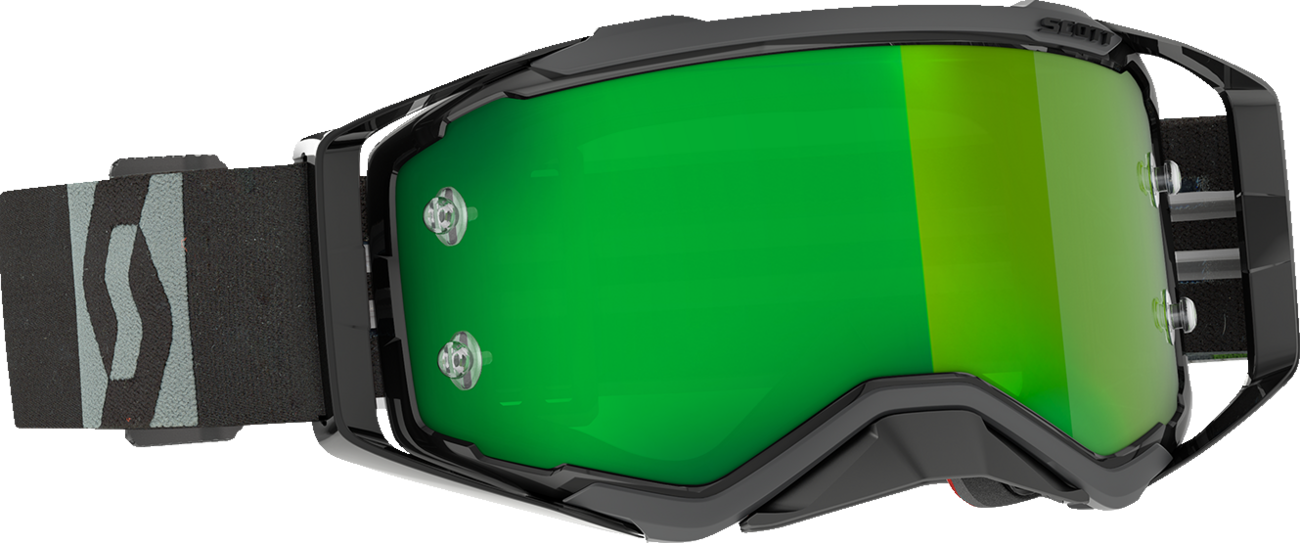Scott Prospect goggles in black and gray with green chrome lens, designed for motorcycle engine protection from Bill's Exhausts.