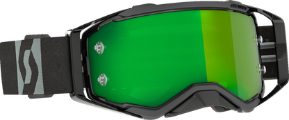 Scott Prospect goggles in black and gray with green chrome lens, designed for motorcycle engine protection from Bill's Exhausts.