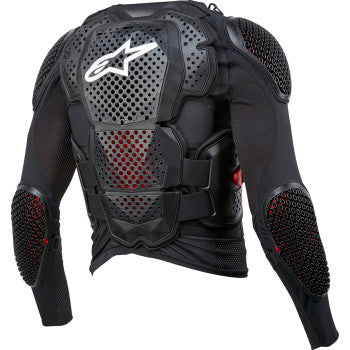Alpinestars Bionic Tech v3 motorcycle jacket in black, white, and red with protective padding, size small, displayed on a hanger.