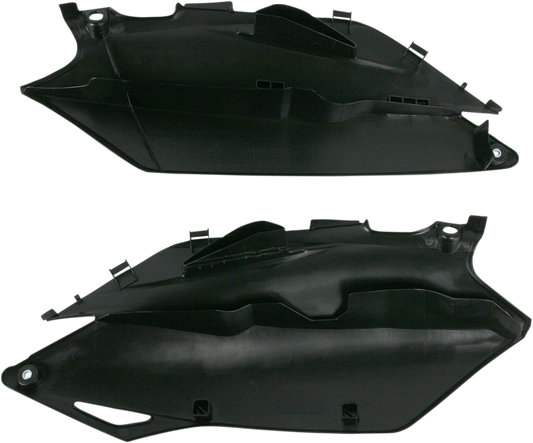 Acerbis black side panels for motorcycle body, featuring sleek design and fitment details, suitable for enhancing bike appearance.