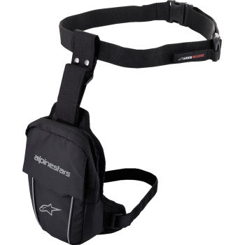 Black ALPINESTARS thigh bag with adjustable strap and multiple compartments, designed for convenience and style.