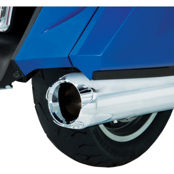 Chrome exhaust tips for Honda Gold Wing GL1800 2001-2017 by Bill's Exhausts, showing shiny, polished metal tips installed on motorcycle exhaust.