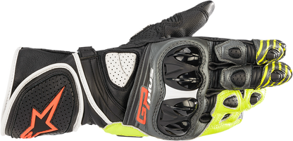 Alpinestars GP Plus R v2 motorcycle gloves in metallic gray, black, fluo yellow, and red, size large, with protective knuckles.