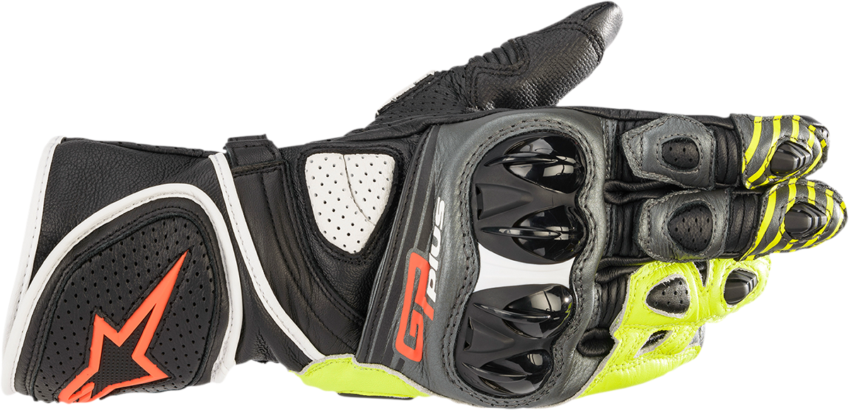 Alpinestars GP Plus R v2 motorcycle gloves in metallic gray, black, fluo yellow, and red, size 3XL, displayed on a plain background.