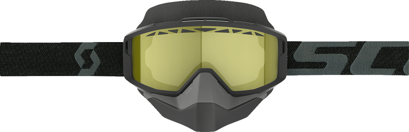 Scott Split Snow Goggles OTG in black and yellow with adjustable strap and clear lenses, designed for winter sports protection.
