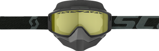 Scott Split Snow Goggles OTG in black and yellow with adjustable strap and clear lenses, designed for winter sports protection.