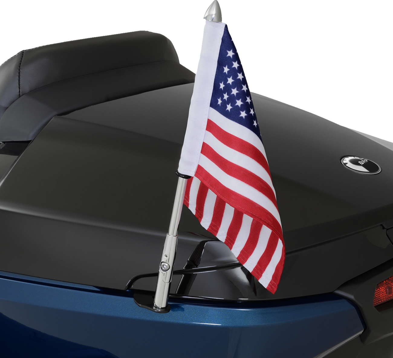 Bill's Exhausts SHOW CHROME Folding Flag Pole engine part, left side model 41-203L, with chrome finish and foldable design.