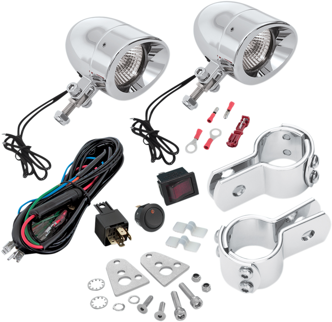 Bill's Exhausts SHOW CHROME Halogen Mini Driving Lights Kit in chrome, installed on an engine with reflective chrome finish.