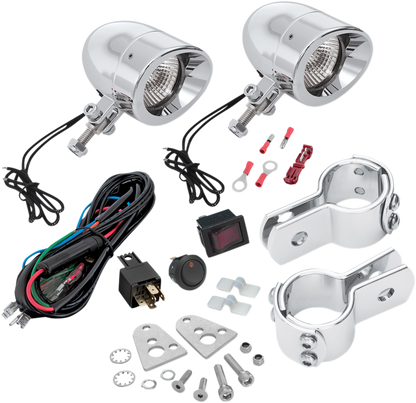 Bill's Exhausts SHOW CHROME Halogen Mini Driving Lights Kit in chrome, installed on an engine with reflective chrome finish.