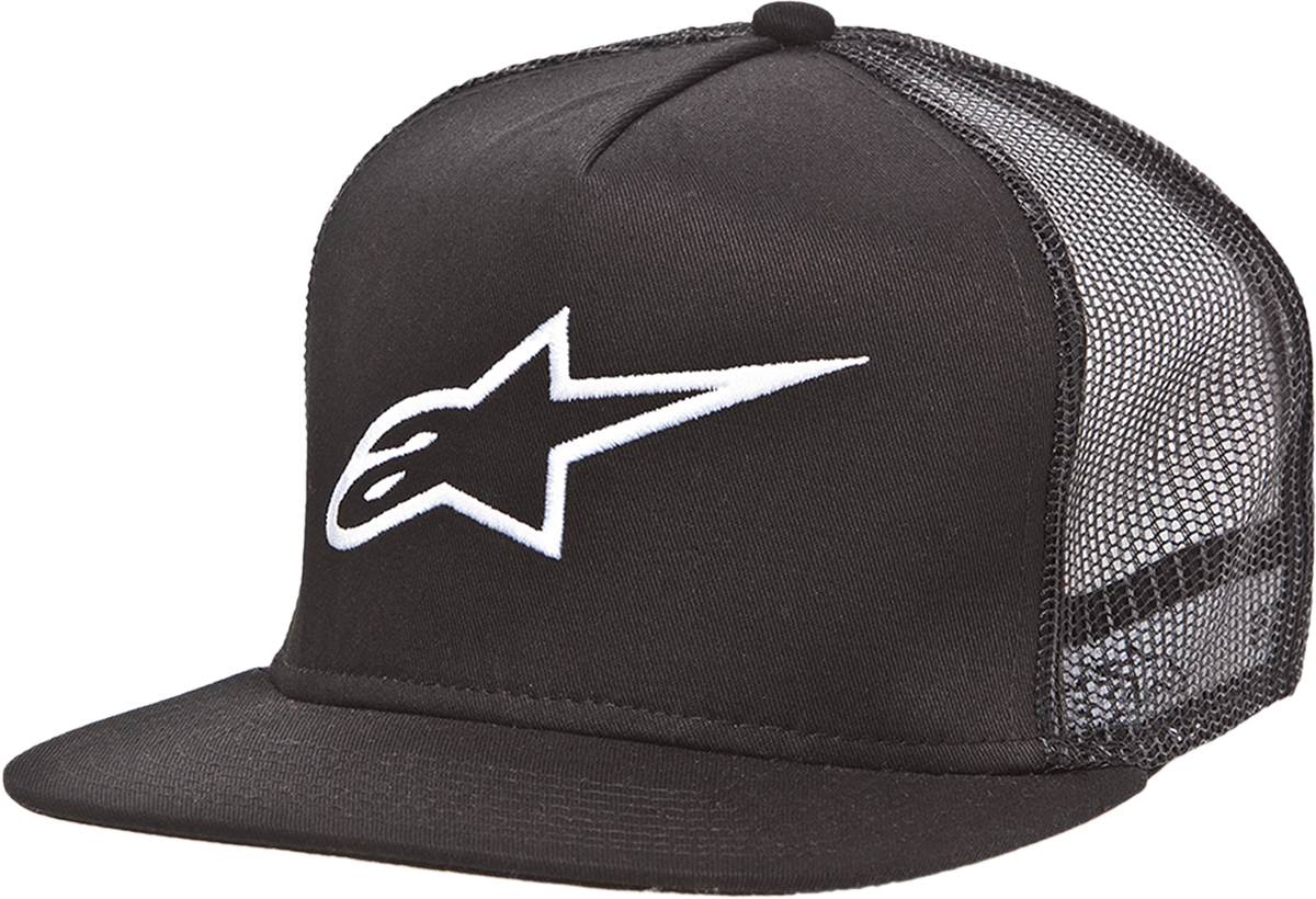 Black Alpinestars Corp Trucker Hat with bill and mesh back, designed as protective gear by Bill's Exhausts.