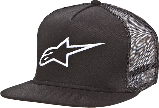 Black Alpinestars Corp Trucker Hat with bill and mesh back, designed as protective gear by Bill's Exhausts.