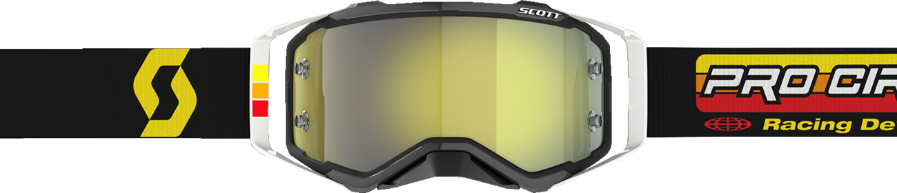 Scott Pro Circuit Prospect motocross goggles in black, white, and yellow with clear lenses, designed for off-road riding.