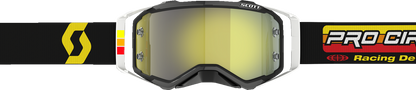 Scott Pro Circuit Prospect motocross goggles in black, white, and yellow with clear lenses, designed for off-road riding.