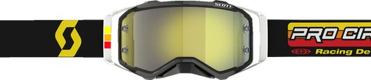 Scott Pro Circuit Prospect motocross goggles in black, white, and yellow with clear lenses, designed for off-road riding.