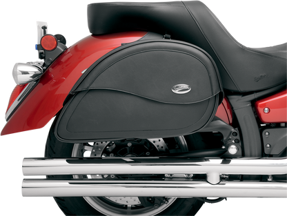 Bill's Exhausts Cruis'n Teardrop Saddlebag for motorcycle seats, featuring durable leather and classic teardrop design.