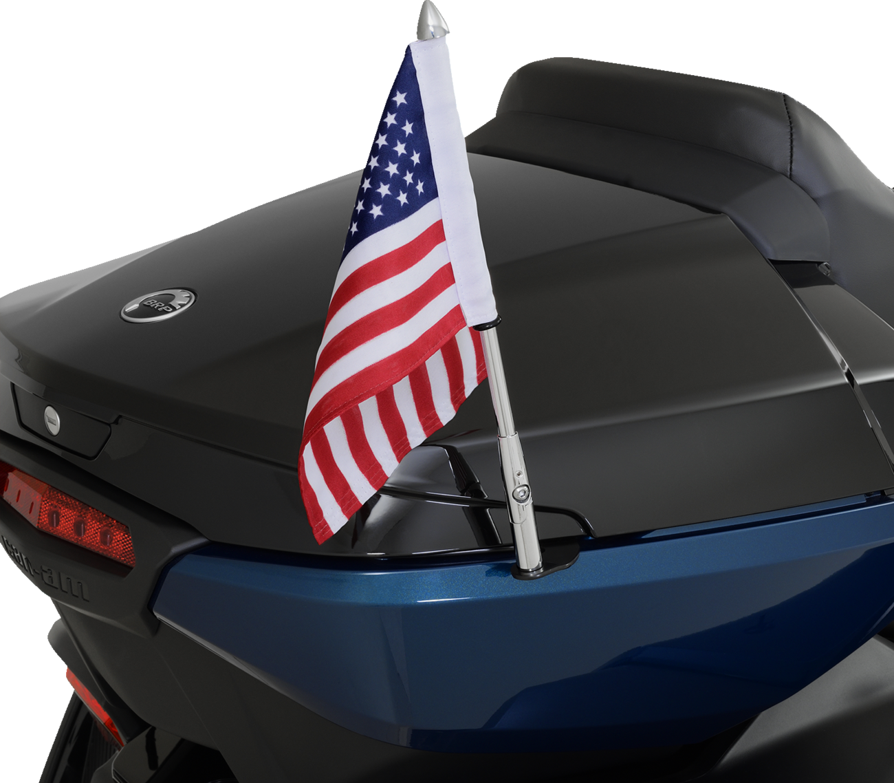 Show Chrome folding flag pole engine mount by Bill's Exhausts, featuring a sleek chrome finish and compact folding design.