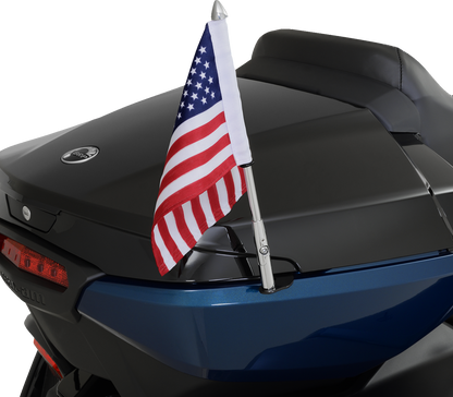 Show Chrome folding flag pole engine mount by Bill's Exhausts, featuring a sleek chrome finish and compact folding design.