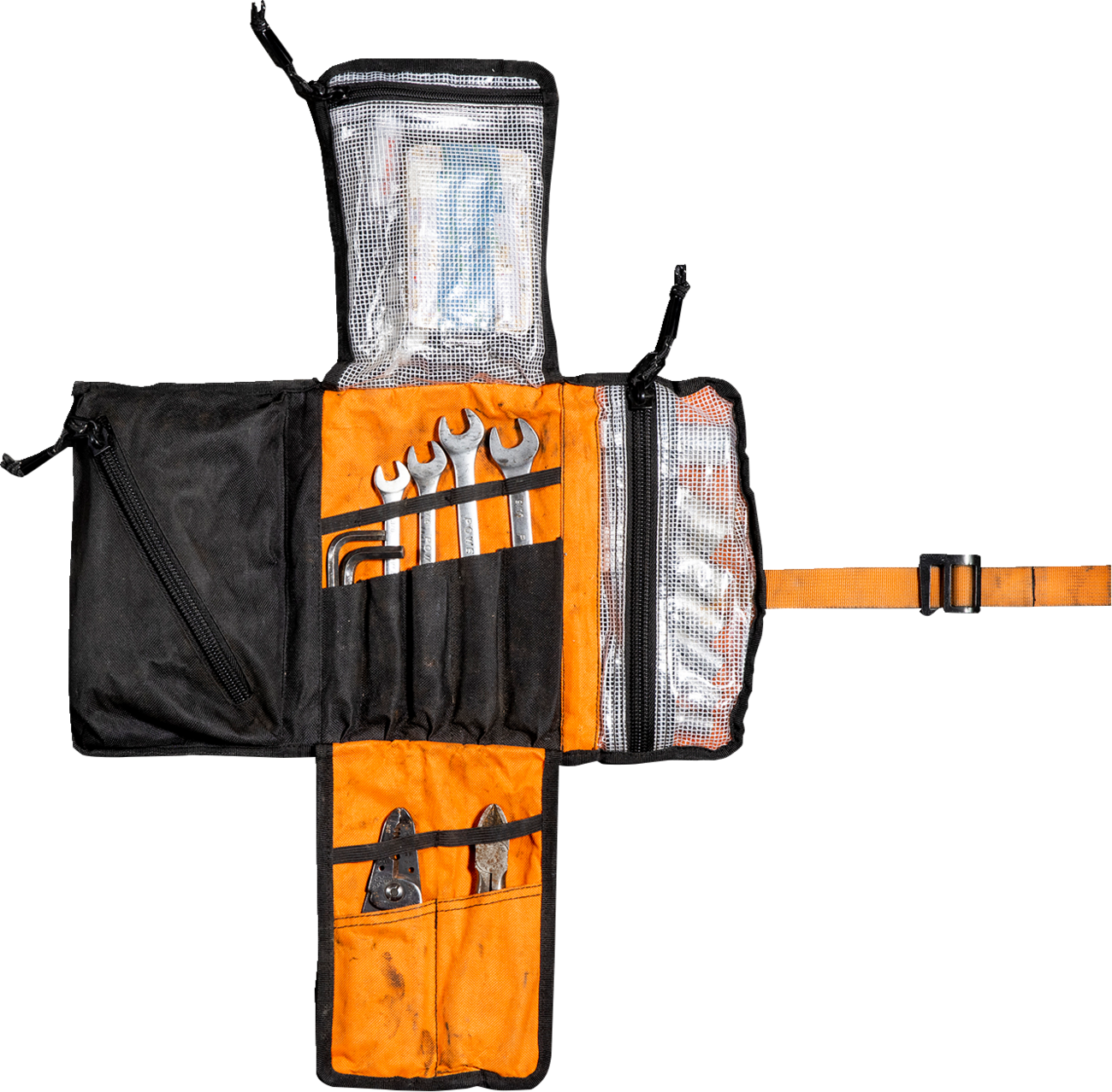 Black BILTWELL EXFIL-0 2.0 tool roll with multiple compartments, designed for motorcycle tools, by Bill's Exhausts.