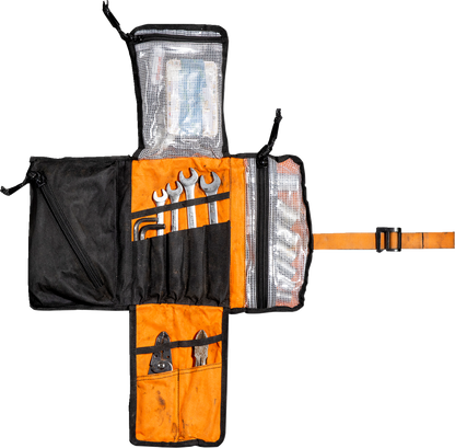 Black BILTWELL EXFIL-0 2.0 tool roll with multiple compartments, designed for motorcycle tools, by Bill's Exhausts.