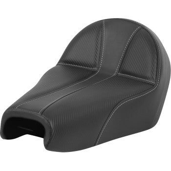 Black SADDLEMEN Dominator seat with silver stitching for XL motorcycles, designed by Bill's Exhausts, shown from side view.