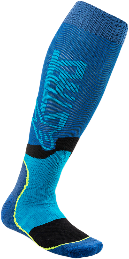 Alpinestars MX Plus 2 motorcycle socks in black and cyan, large/2XL size, featuring durable fabric and reinforced heel and toe areas.