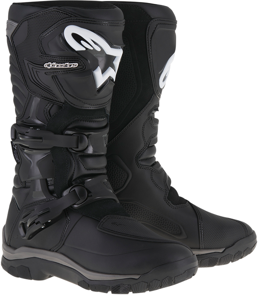 Alpinestars Corozal Adventure Boots in black, US size 10, featuring rugged design and secure closures for motorcycle riding.