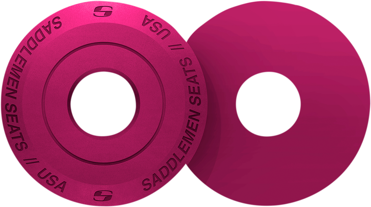 Pink SADDLEMEN Fender Seat Washer for seats, designed by Bill's Exhausts, shown on a motorcycle seat.