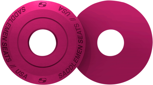 Pink SADDLEMEN Fender Seat Washer for seats, designed by Bill's Exhausts, shown on a motorcycle seat.