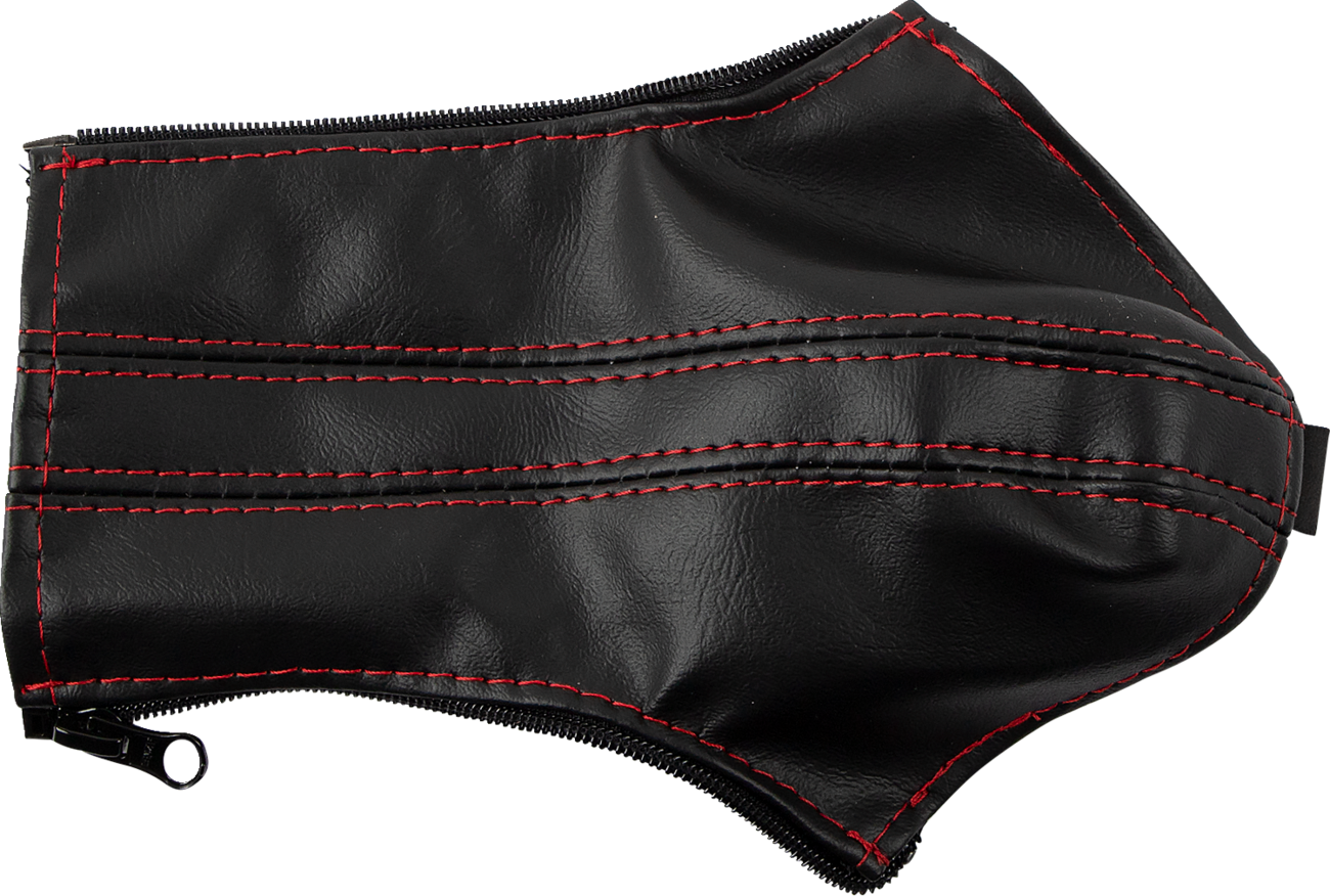 Bill's Exhausts Show Chrome E-Brake Cover with red stitching for Slingshot engine, featuring detailed chrome finish and vibrant red accents.