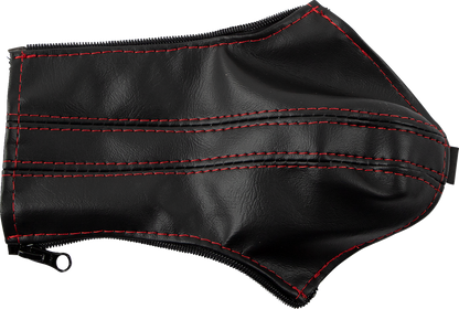 Bill's Exhausts Show Chrome E-Brake Cover with red stitching for Slingshot engine, featuring detailed chrome finish and vibrant red accents.