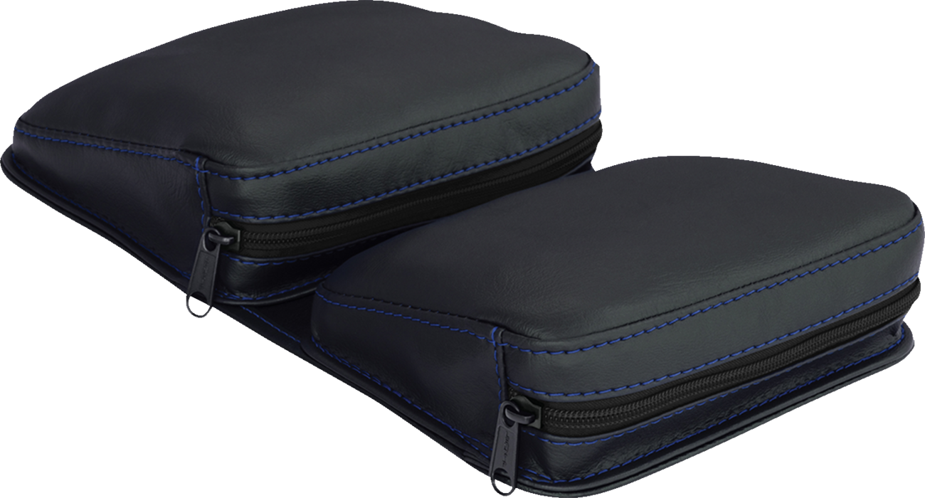 Black SHOW CHROME Kaliber Dash Pouch with blue stitching for engine storage, designed by Bill's Exhausts.