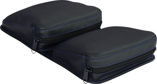 Black SHOW CHROME Kaliber Dash Pouch with blue stitching for engine storage, designed by Bill's Exhausts.