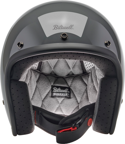 Bill's Exhausts Biltwell Bonanza helmet in gloss storm gray, small size, featuring a sleek aerodynamic design and secure fit.