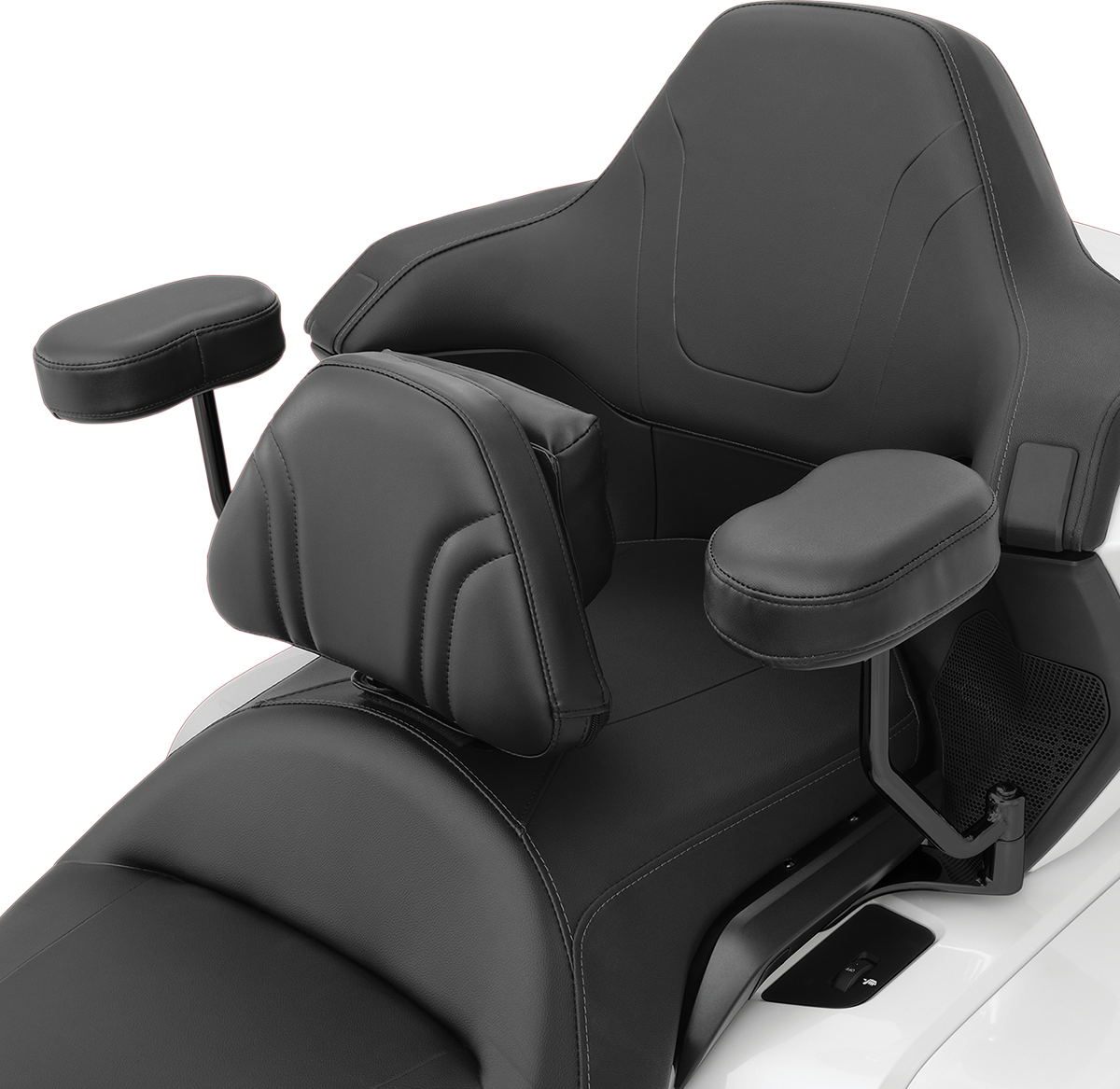 Black SHOW CHROME Deluxe Passenger Armrest for GL1800 motorcycle, designed for comfort and style on the Honda Gold Wing.
