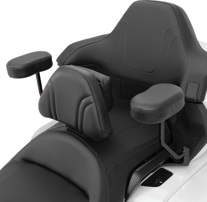 Black SHOW CHROME Deluxe Passenger Armrest for GL1800 motorcycle, designed for comfort and style on the Honda Gold Wing.