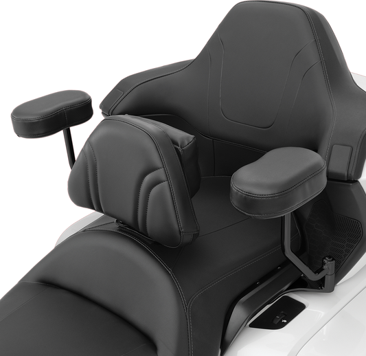 Black SHOW CHROME Deluxe Passenger Armrest for GL1800 motorcycle, designed for comfort and style on the Honda Gold Wing.