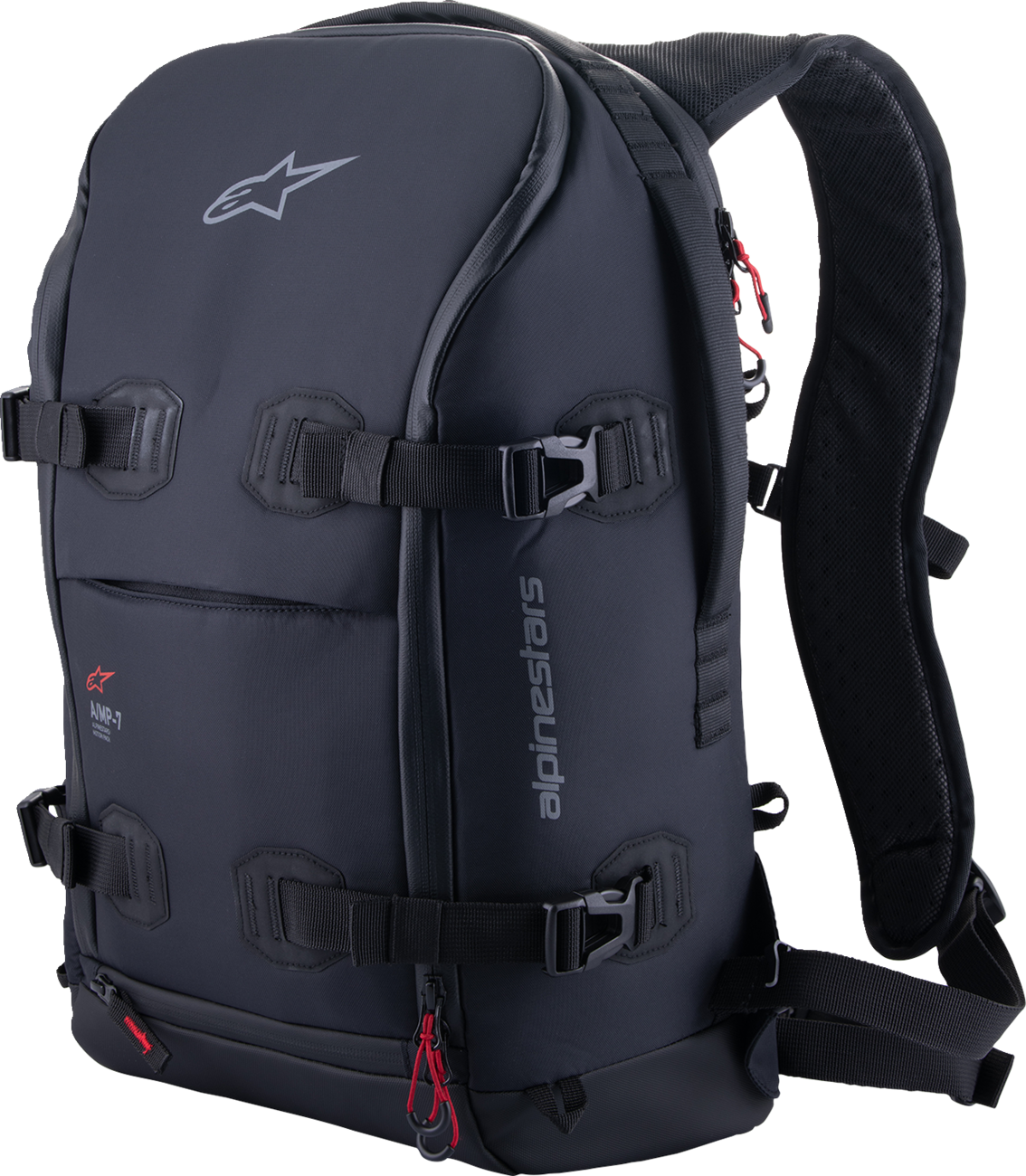 Alpinestars AMP-7 Backpack in black with multiple compartments, designed for durability and comfort, shown from the front.