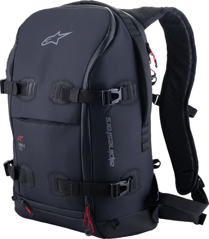 Alpinestars AMP-7 Backpack in black with multiple compartments, designed for durability and comfort, shown from the front.