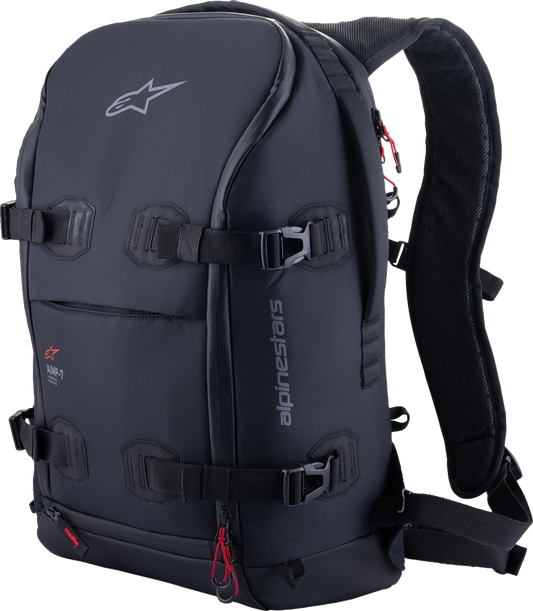 Alpinestars AMP-7 Backpack in black with multiple compartments, designed for durability and comfort, shown from the front.