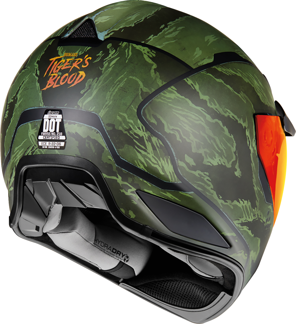 Bill's Exhausts ICON Domain™ Helmet in Tiger's Blood green, small size, featuring a sleek helmet design with vibrant tiger stripe pattern.