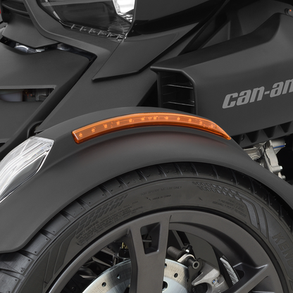 Bill's Exhausts SHOW CHROME front fender LED light kit in amber for F3, RT, and Ryker models, featuring engine-mounted lights.