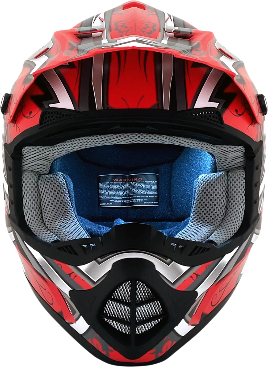 Matte Ferrari Red AFX FX-17Y Butterfly Helmet showing sleek design and large size, with clear face shield and aerodynamic shape.