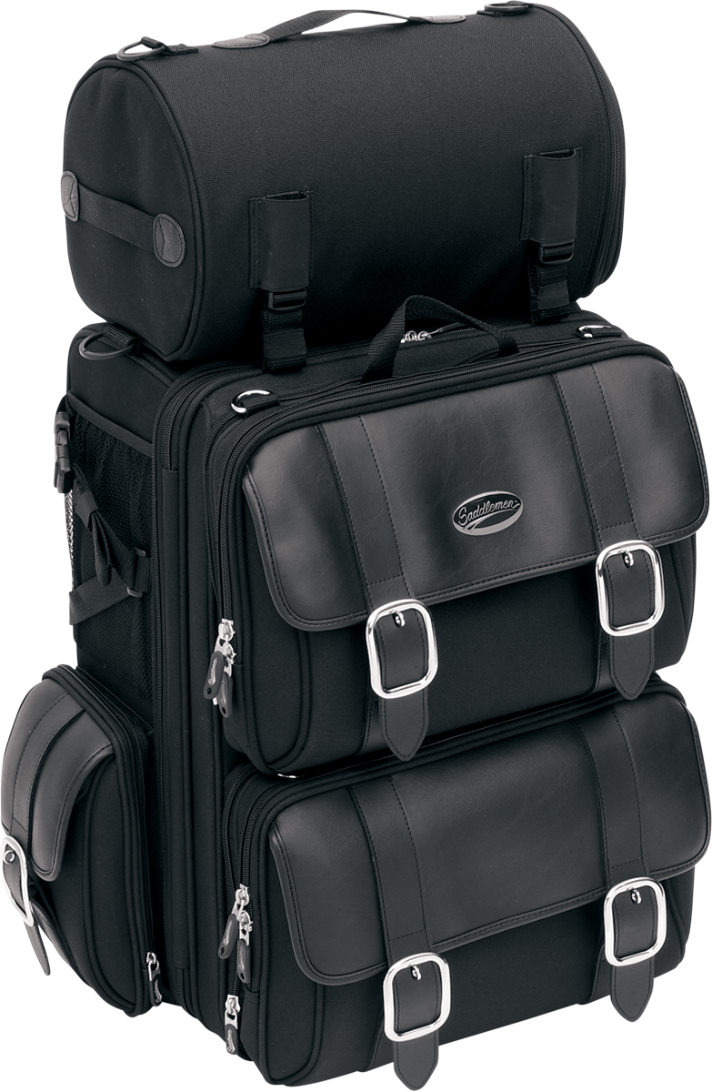 Bill's Exhausts SADDLEMEN S3200DE Deluxe Sissy Bar Bag attached to motorcycle seat, showing durable material and spacious storage area.