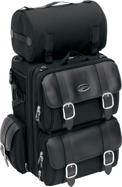 Bill's Exhausts SADDLEMEN S3200DE Deluxe Sissy Bar Bag attached to motorcycle seat, showing durable material and spacious storage area.