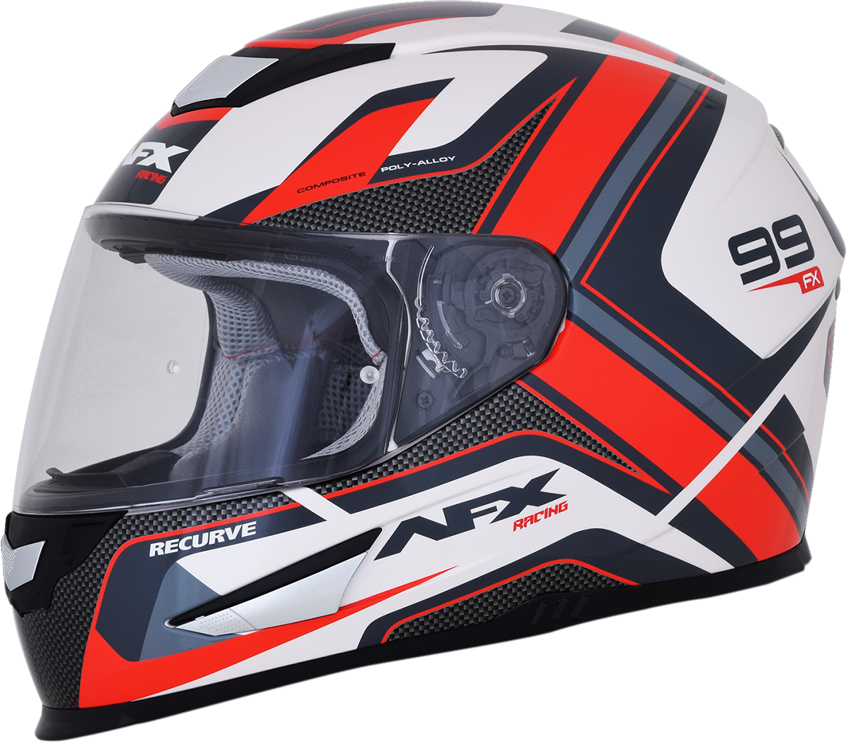 Bill's Exhausts AFX FX-99 helmet in pearl white and red, recurve design, size 2XL, featuring a sleek motorcycle helmet style.